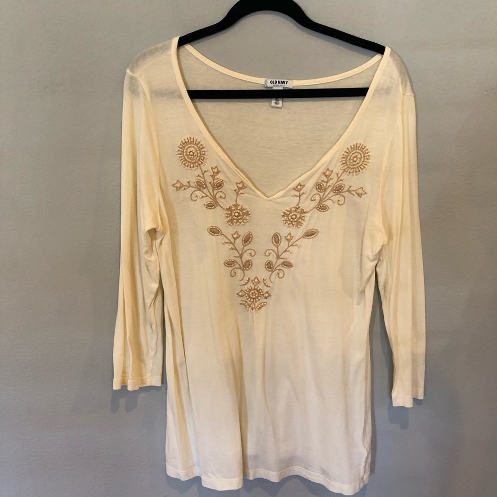 Old Navy Cream Embroidered V-Neck Long Sleeve Top, L tall